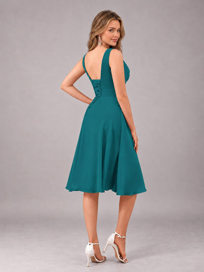 Teal Stylish A-Line V-Neck Knee Length Chiffon Bridesmaid Dress