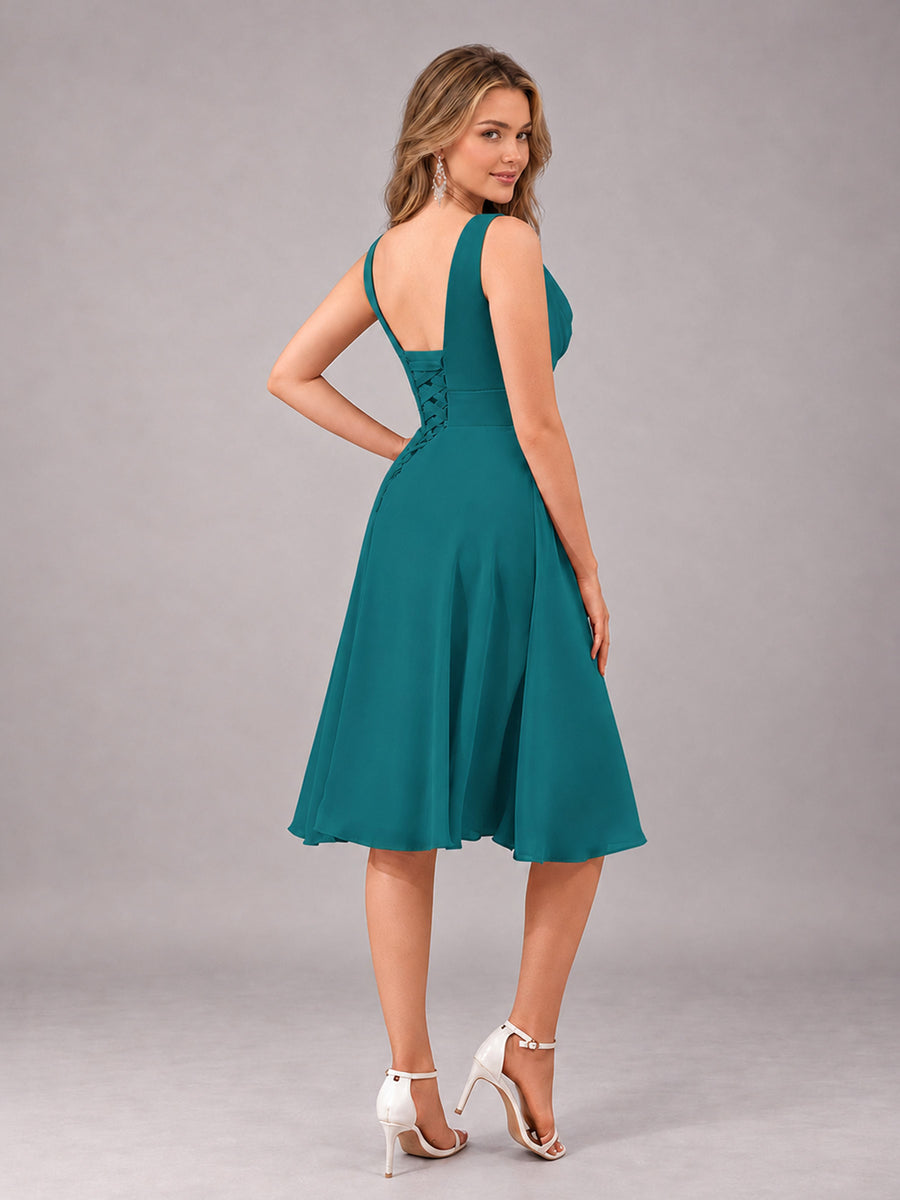 Teal Stylish A-Line V-Neck Knee Length Chiffon Bridesmaid Dress