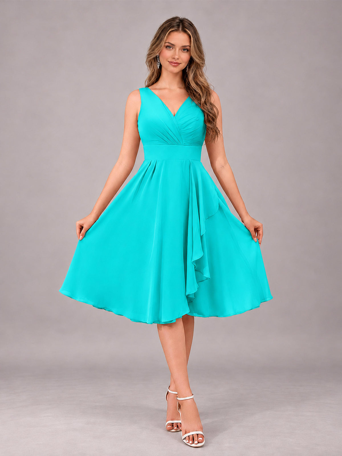 Turquoise Stylish A-Line V-Neck Knee Length Chiffon Bridesmaid Dress