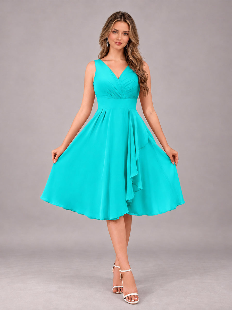 Turquoise Stylish A-Line V-Neck Knee Length Chiffon Bridesmaid Dress