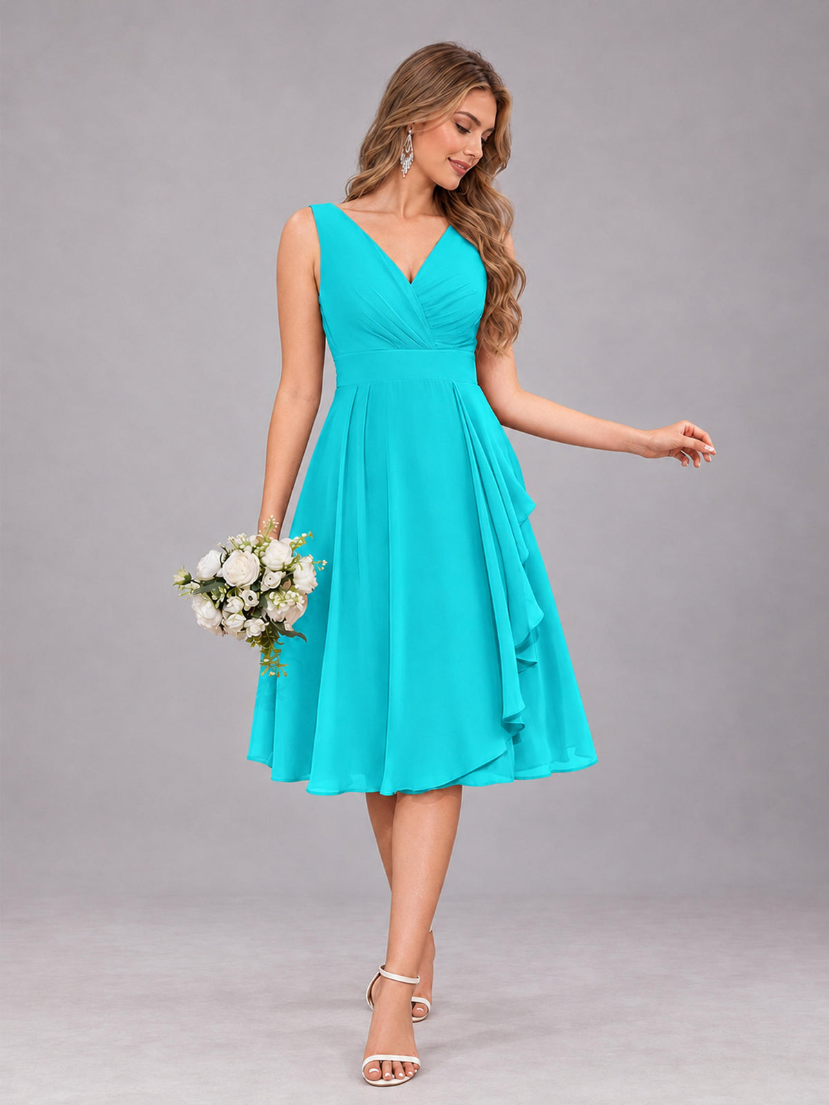 Turquoise Stylish A-Line V-Neck Knee Length Chiffon Bridesmaid Dress