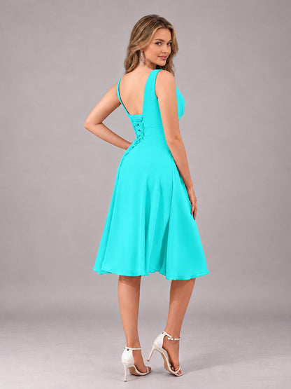 Turquoise Stylish A-Line V-Neck Knee Length Chiffon Bridesmaid Dress