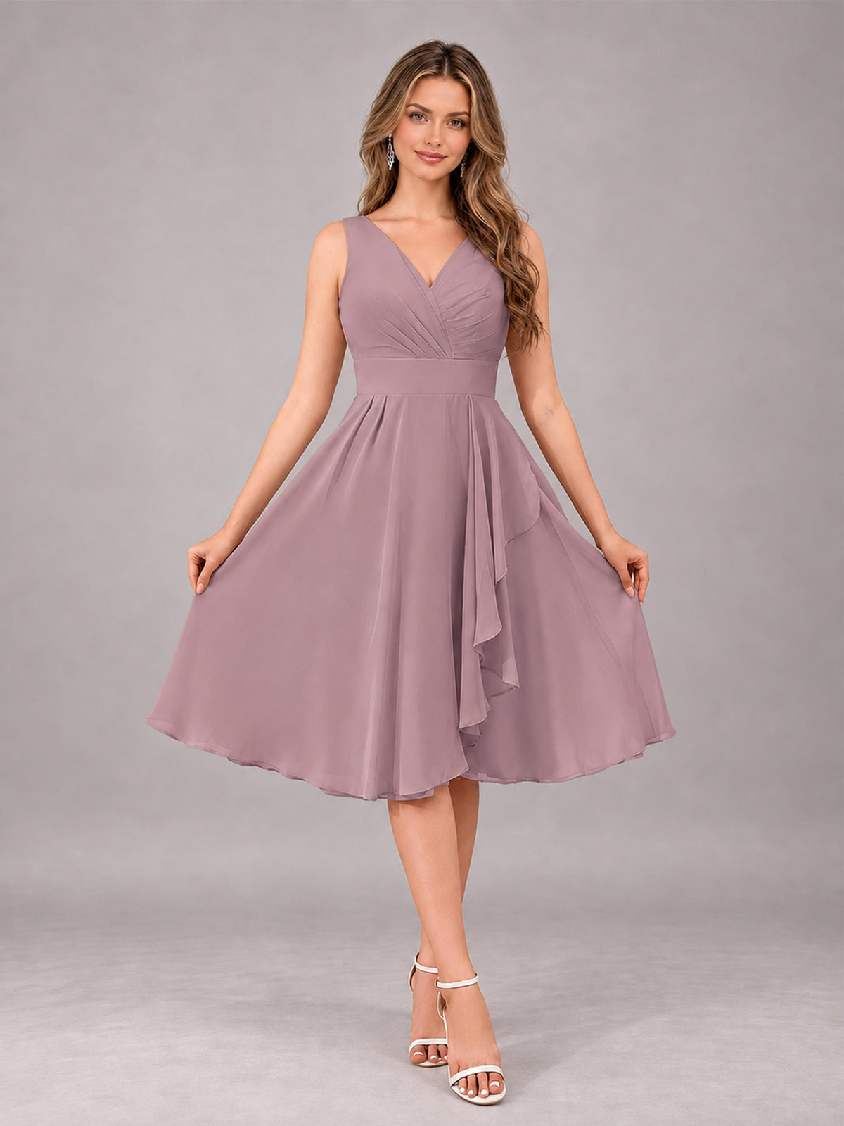Vintage Mauve Stylish A-Line V-Neck Knee Length Chiffon Bridesmaid Dress