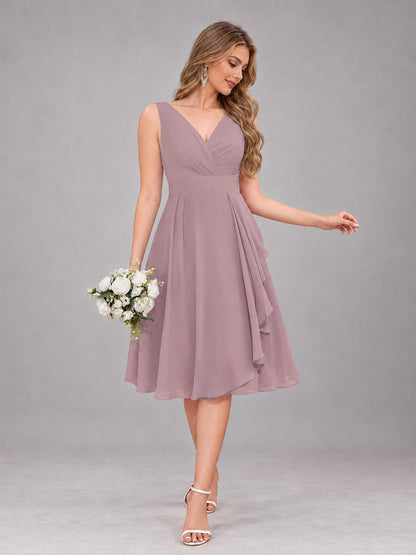 Vintage Mauve Stylish A-Line V-Neck Knee Length Chiffon Bridesmaid Dress