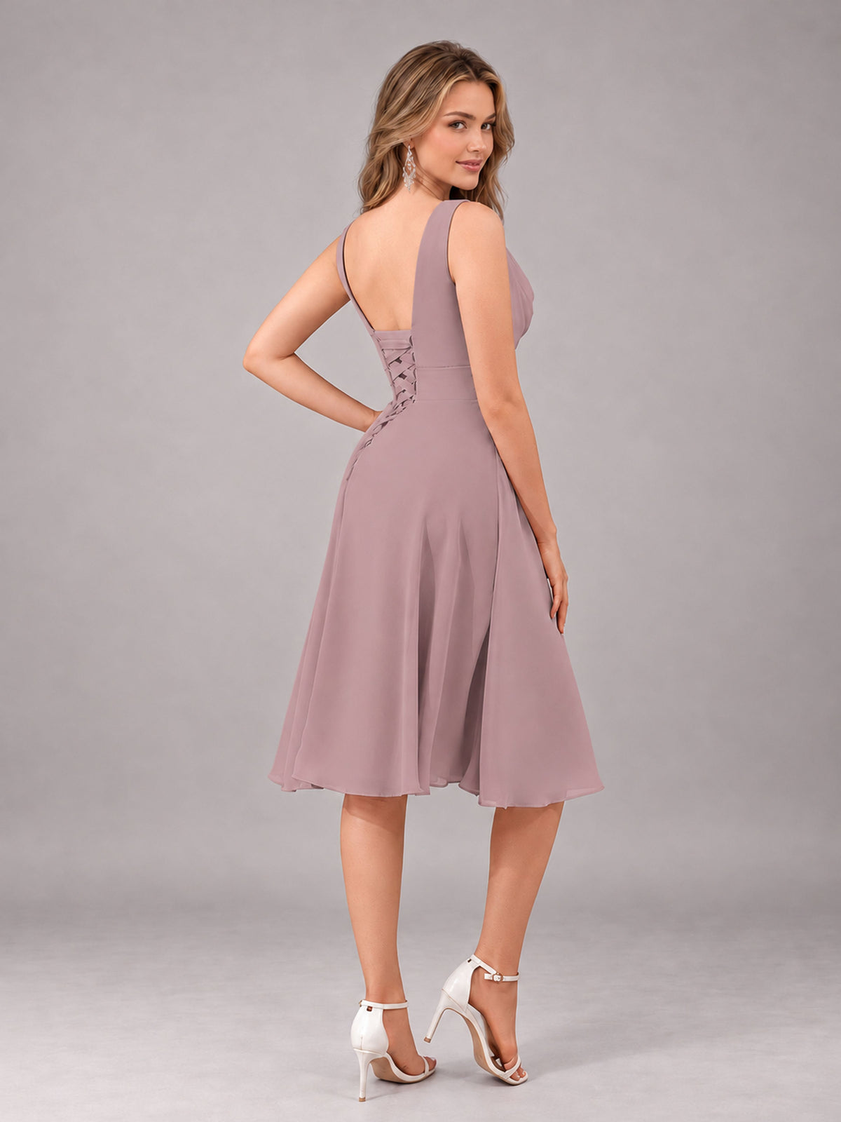 Vintage Mauve Stylish A-Line V-Neck Knee Length Chiffon Bridesmaid Dress