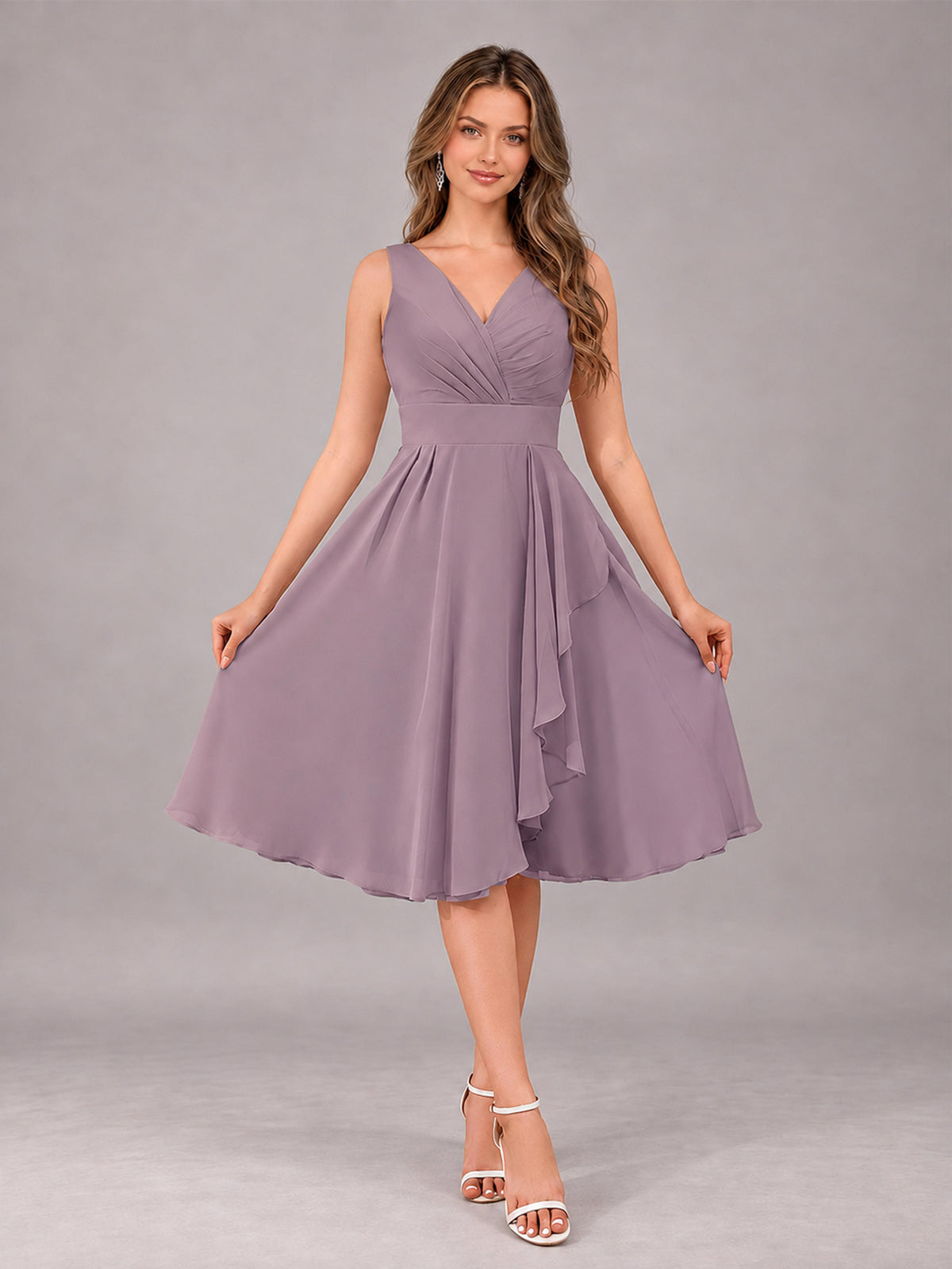 Wisteria Stylish A-Line V-Neck Knee Length Chiffon Bridesmaid Dress