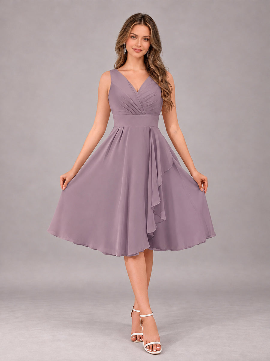 Wisteria Stylish A-Line V-Neck Knee Length Chiffon Bridesmaid Dress