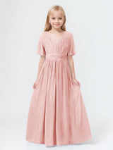 Stylish A-Line V-Neck Short Sleeves Chiffon Long Junior Bridesmaid Dresses