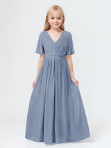 Stylish A-Line V-Neck Short Sleeves Chiffon Long Junior Bridesmaid Dresses