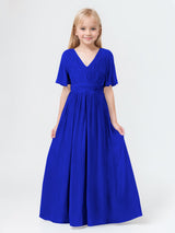 Stylish A-Line V-Neck Short Sleeves Chiffon Long Junior Bridesmaid Dresses