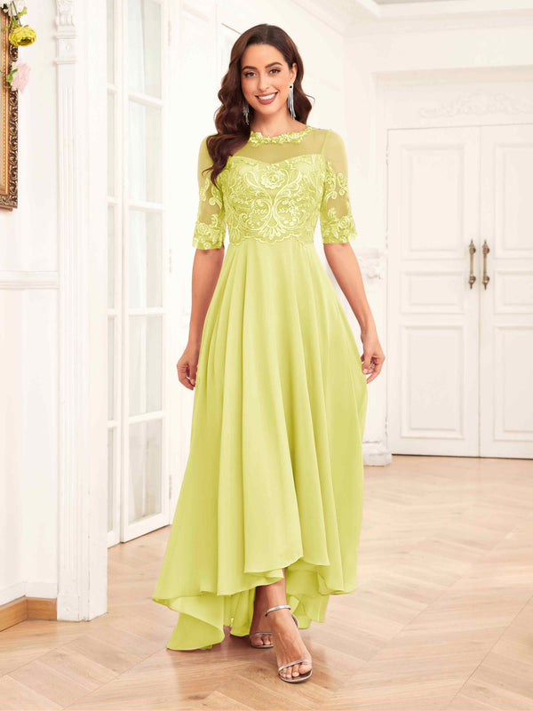 Daffodil Stylish Half Sleeves Appliques Chiffon Lace Mother Of The Bride Dresses