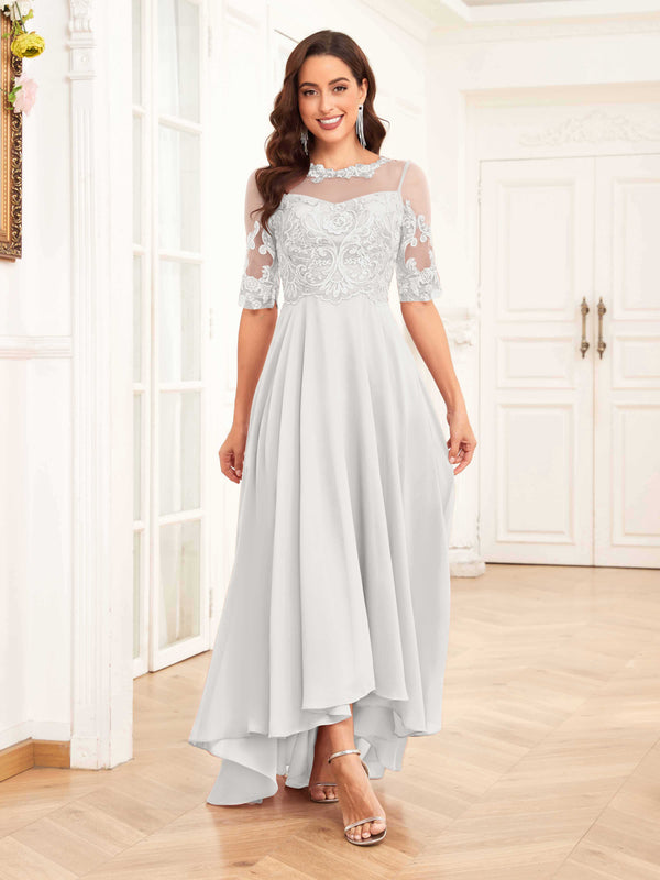 Ivory Stylish Half Sleeves Appliques Chiffon Lace Mother Of The Bride Dresses