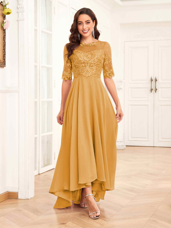 Mustard Stylish Half Sleeves Appliques Chiffon Lace Mother Of The Bride Dresses