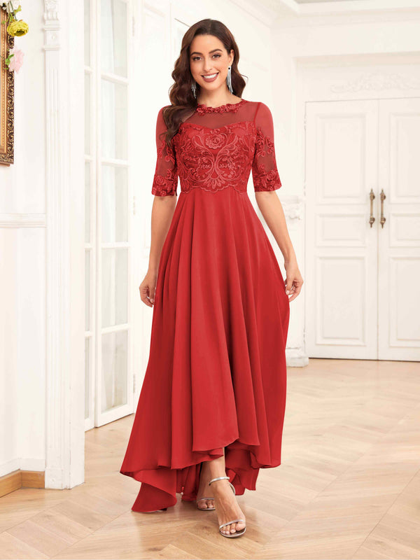 Red Stylish Half Sleeves Appliques Chiffon Lace Mother Of The Bride Dresses