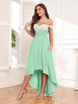 Stylish Off The Shoulder High Low Lace Chiffon Dresses With Pockets