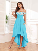 Stylish Off The Shoulder High Low Lace Chiffon Dresses With Pockets