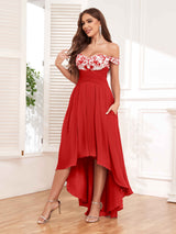 Stylish Off The Shoulder High Low Lace Chiffon Dresses With Pockets