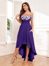 Stylish Off The Shoulder High Low Lace Chiffon Dresses With Pockets