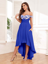 Stylish Off The Shoulder High Low Lace Chiffon Dresses With Pockets