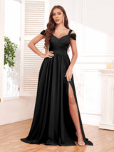 Stylish Off The Shoulder Ruched Slit Long Chiffon Bridesmaid Dresses