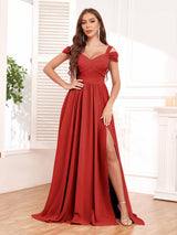 Stylish Off The Shoulder Ruched Slit Long Chiffon Bridesmaid Dresses