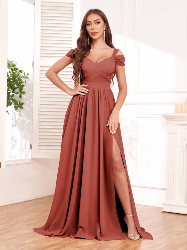 Rust Stylish Off The Shoulder Ruched Slit Long Chiffon Bridesmaid Dresses
