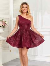 Stylish One Shoulder A-Line Ruched Sequins Mini Homecoming Dresses