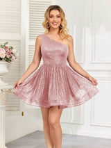 Stylish One Shoulder A-Line Ruched Sequins Mini Homecoming Dresses