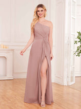 Stylish One Shoulder Ruched Slit Chiffon Bridesmaid Dresses