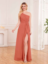 Stylish One Shoulder Ruched Slit Chiffon Bridesmaid Dresses