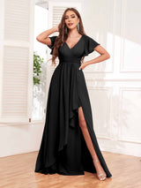 Stylish Ruffles A-Line V-Neck Slit Chiffon Bridesmaid Dresses