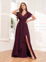 Stylish Ruffles A-Line V-Neck Slit Chiffon Bridesmaid Dresses