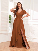 Stylish Ruffles A-Line V-Neck Slit Chiffon Bridesmaid Dresses