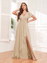 Stylish Ruffles A-Line V-Neck Slit Chiffon Bridesmaid Dresses