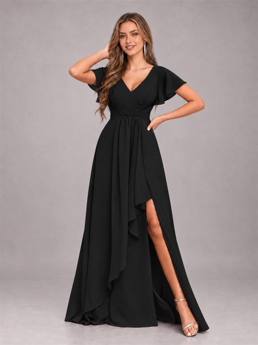 Black Stylish Ruffles A-Line V-Neck Slit Chiffon Bridesmaid Dress