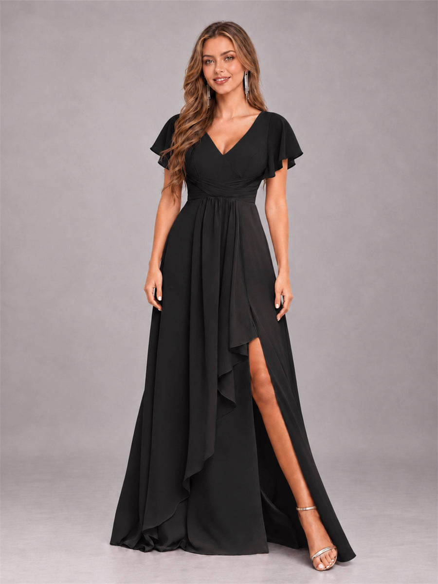 Black Stylish Ruffles A-Line V-Neck Slit Chiffon Bridesmaid Dress