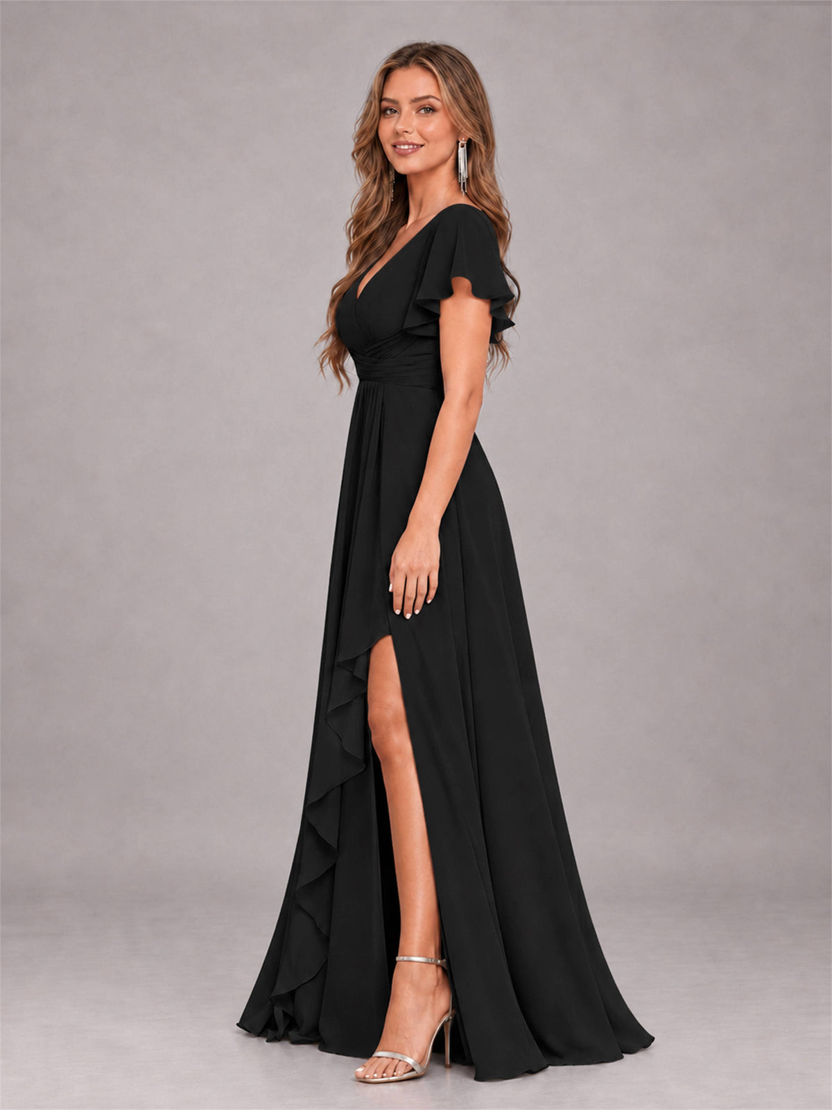 Black Stylish Ruffles A-Line V-Neck Slit Chiffon Bridesmaid Dress
