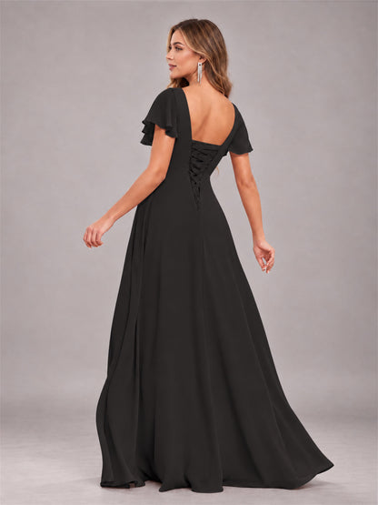 Black Stylish Ruffles A-Line V-Neck Slit Chiffon Bridesmaid Dress