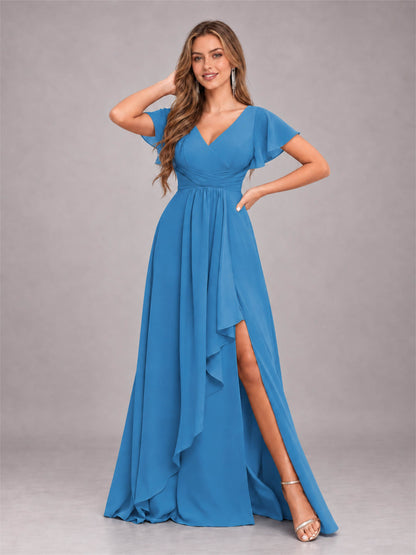 Blue Stylish Ruffles A-Line V-Neck Slit Chiffon Bridesmaid Dress