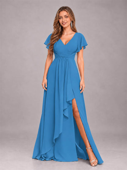 Blue Stylish Ruffles A-Line V-Neck Slit Chiffon Bridesmaid Dress