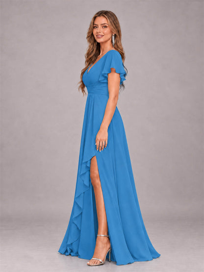 Blue Stylish Ruffles A-Line V-Neck Slit Chiffon Bridesmaid Dress