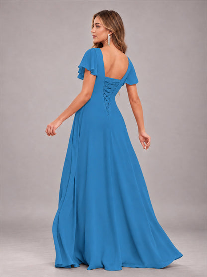 Blue Stylish Ruffles A-Line V-Neck Slit Chiffon Bridesmaid Dress