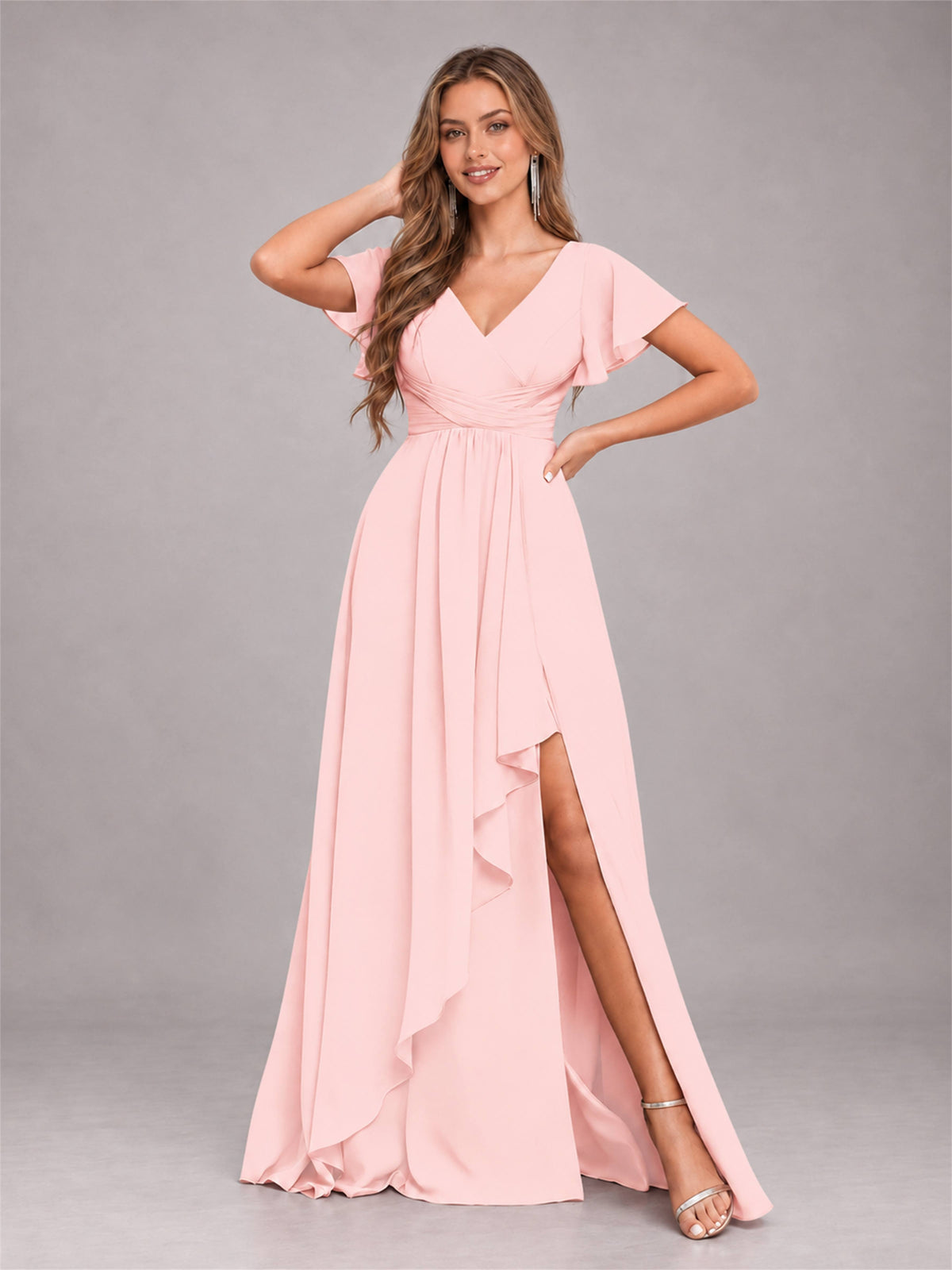 Blush Pink Stylish Ruffles A-Line V-Neck Slit Chiffon Bridesmaid Dress