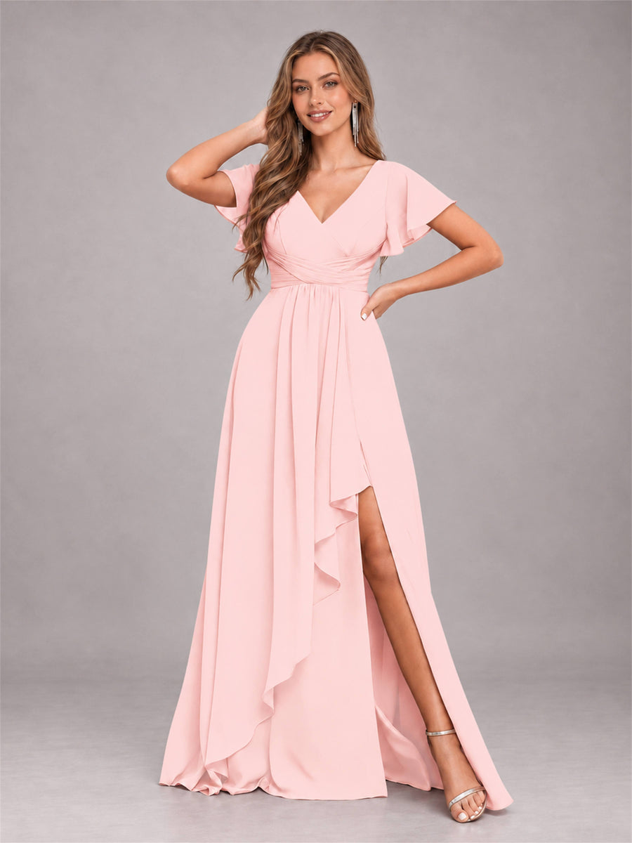 Blush Pink Stylish Ruffles A-Line V-Neck Slit Chiffon Bridesmaid Dress