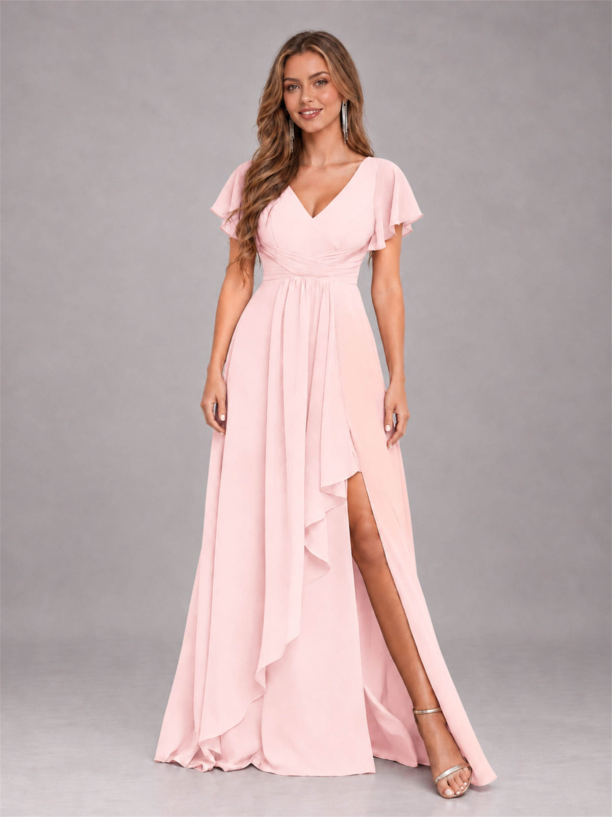 Blush Pink Stylish Ruffles A-Line V-Neck Slit Chiffon Bridesmaid Dress