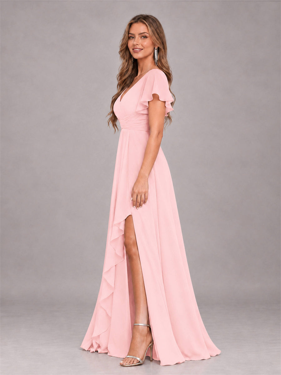 Blush Pink Stylish Ruffles A-Line V-Neck Slit Chiffon Bridesmaid Dress