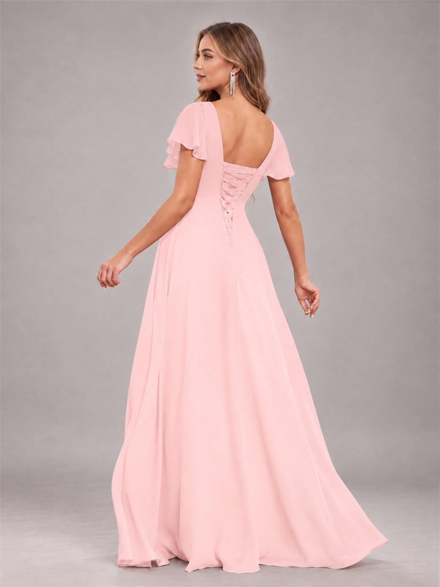 Blush Pink Stylish Ruffles A-Line V-Neck Slit Chiffon Bridesmaid Dress
