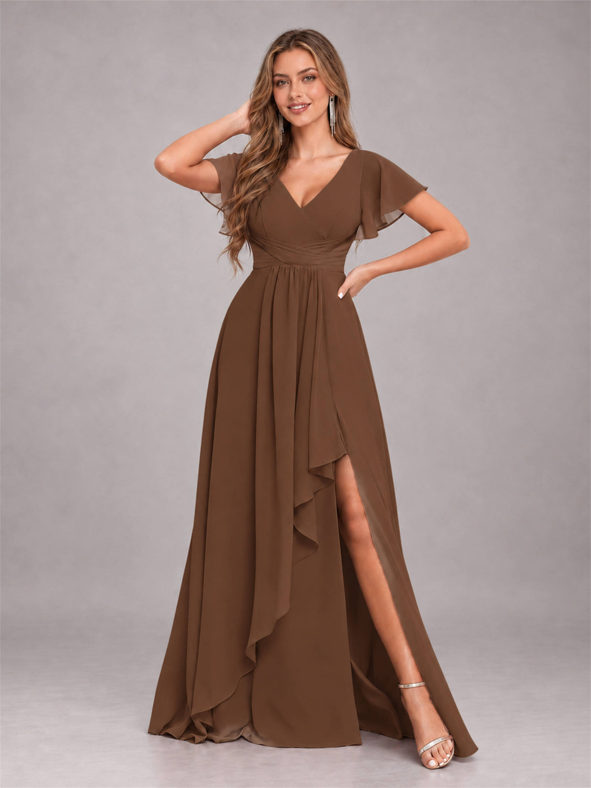 Brown Stylish Ruffles A-Line V-Neck Slit Chiffon Bridesmaid Dress
