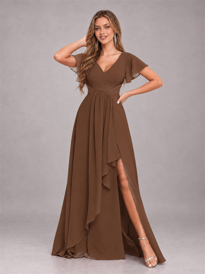 Brown Stylish Ruffles A-Line V-Neck Slit Chiffon Bridesmaid Dress