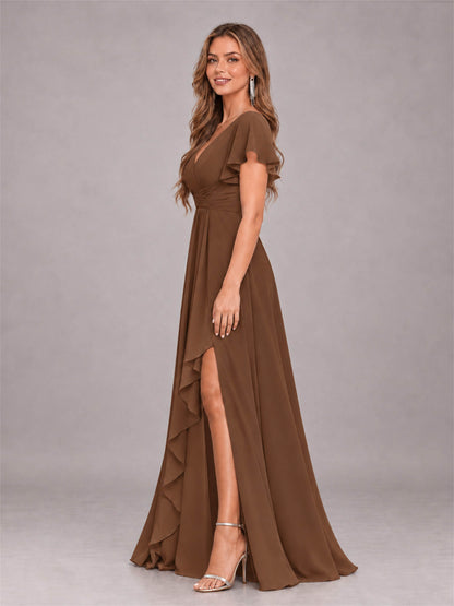 Brown Stylish Ruffles A-Line V-Neck Slit Chiffon Bridesmaid Dress